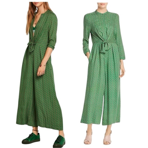 SCOTCH & SODA Size L Tie Front Jumpsuit Kelly Green Paisley Bamboo Beach Romper - Picture 1 of 10